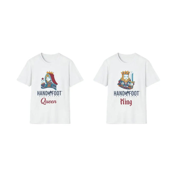 Hand & Foot Softstyle T-Shirts featuring Queen and King designs, perfect for a royal look. Set of two white tees in a gift pack.