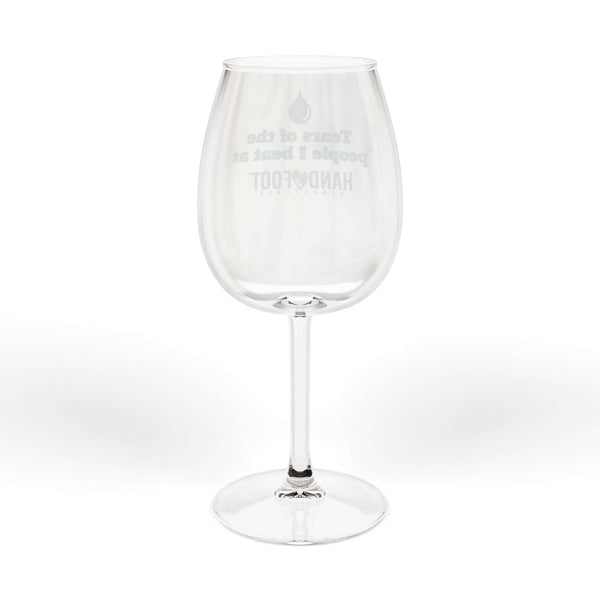 Elegant 12 oz wine glass with humorous engraving, perfect for stylish game nights and wine appreciation, made from high-quality glass.