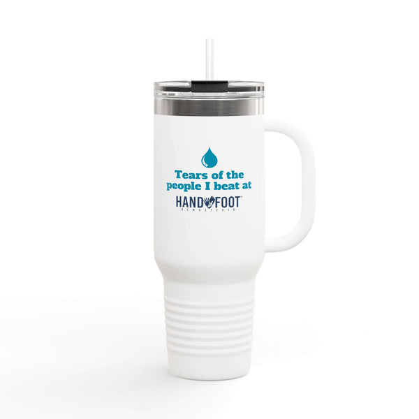 40oz Insulated Travel Mug with 'Tears of the People I Beat' design, ideal for keeping beverages hot or cold and featuring an ergonomic handle.