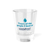 "Tears of the People I Beat" shot glass with blue text design, perfect for parties or game nights.