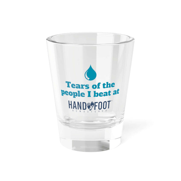 "Tears of the People I Beat" shot glass with blue text design, perfect for parties or game nights.