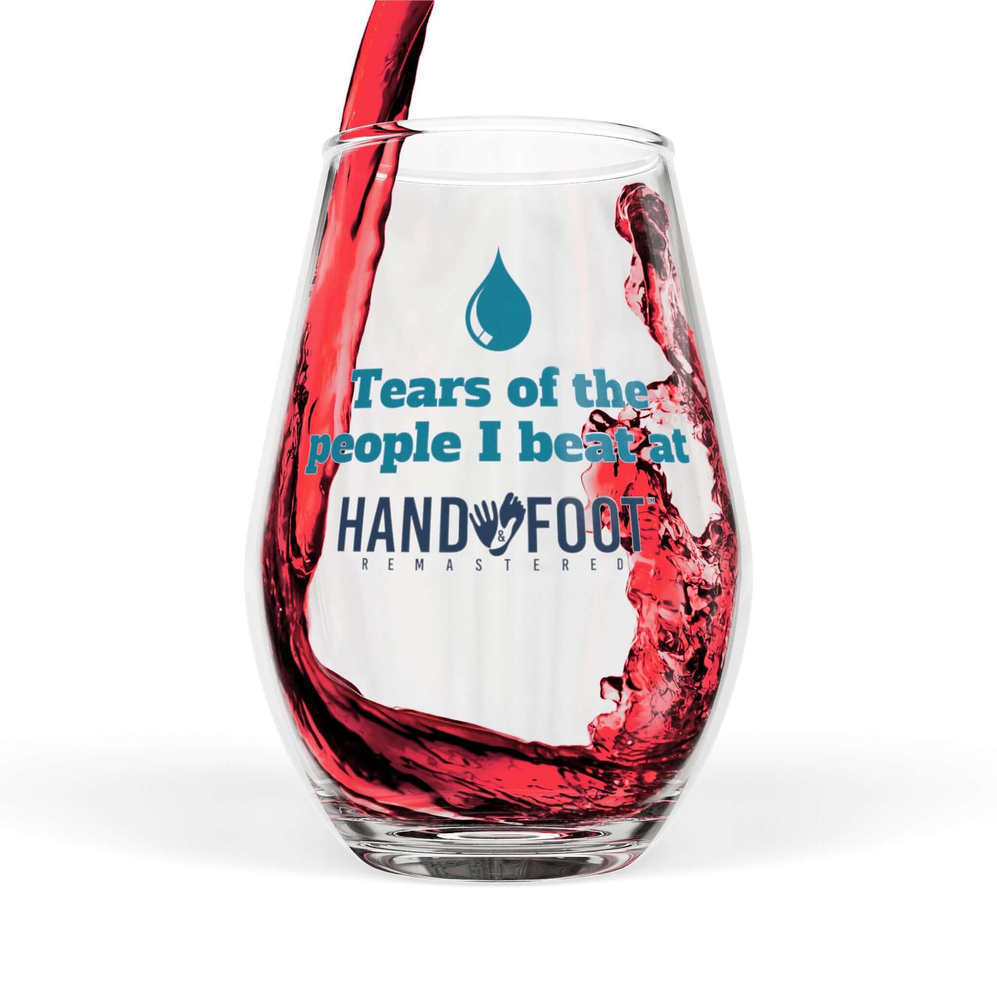 Stemless wine glass with 'Tears of the People I Beat' design, perfect for game nights, 11.75 oz capacity, made from high-quality glass.
