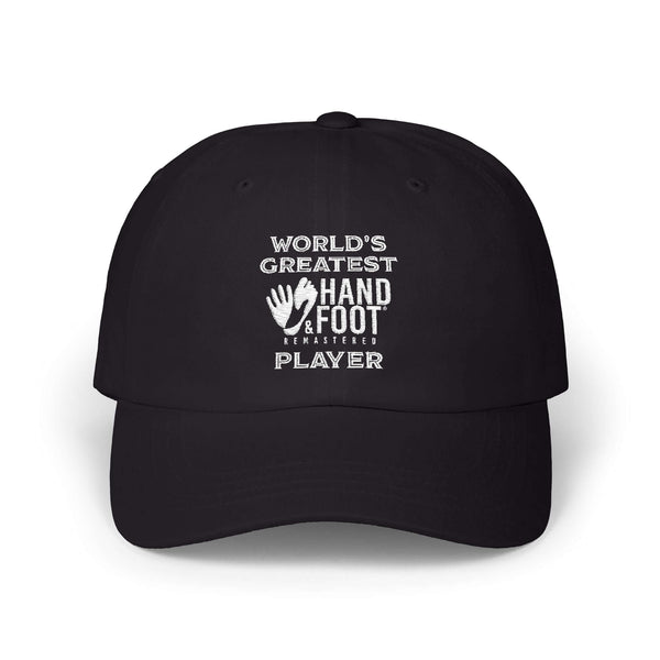 World's Greatest Player Classic Dad Cap with hand and foot graphic, black, casual style, relaxed fit, and low profile.