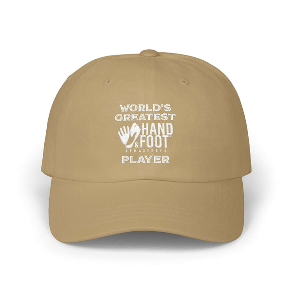 Classic Dad Cap with "World's Greatest Player" embroidery, featuring a relaxed fit and stylish design for casual wear.